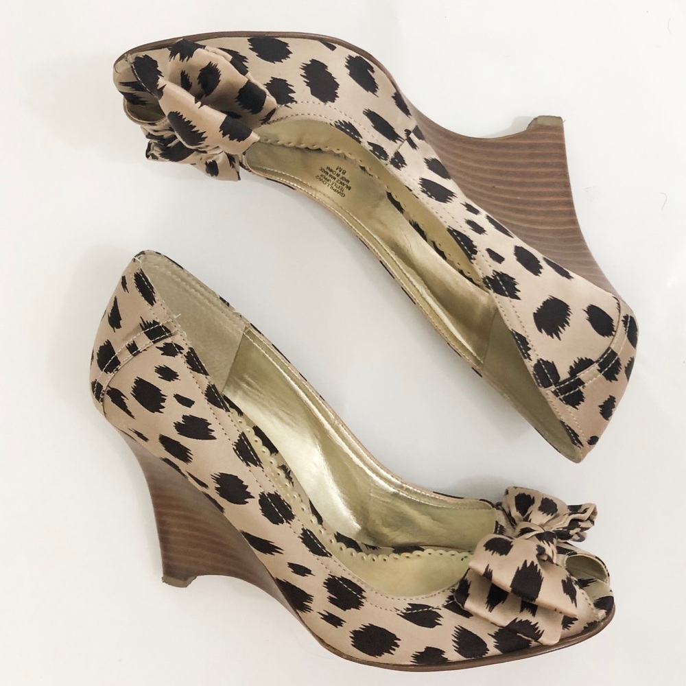 Guess Leopard Open Toe Bow Detail Wedge Heels